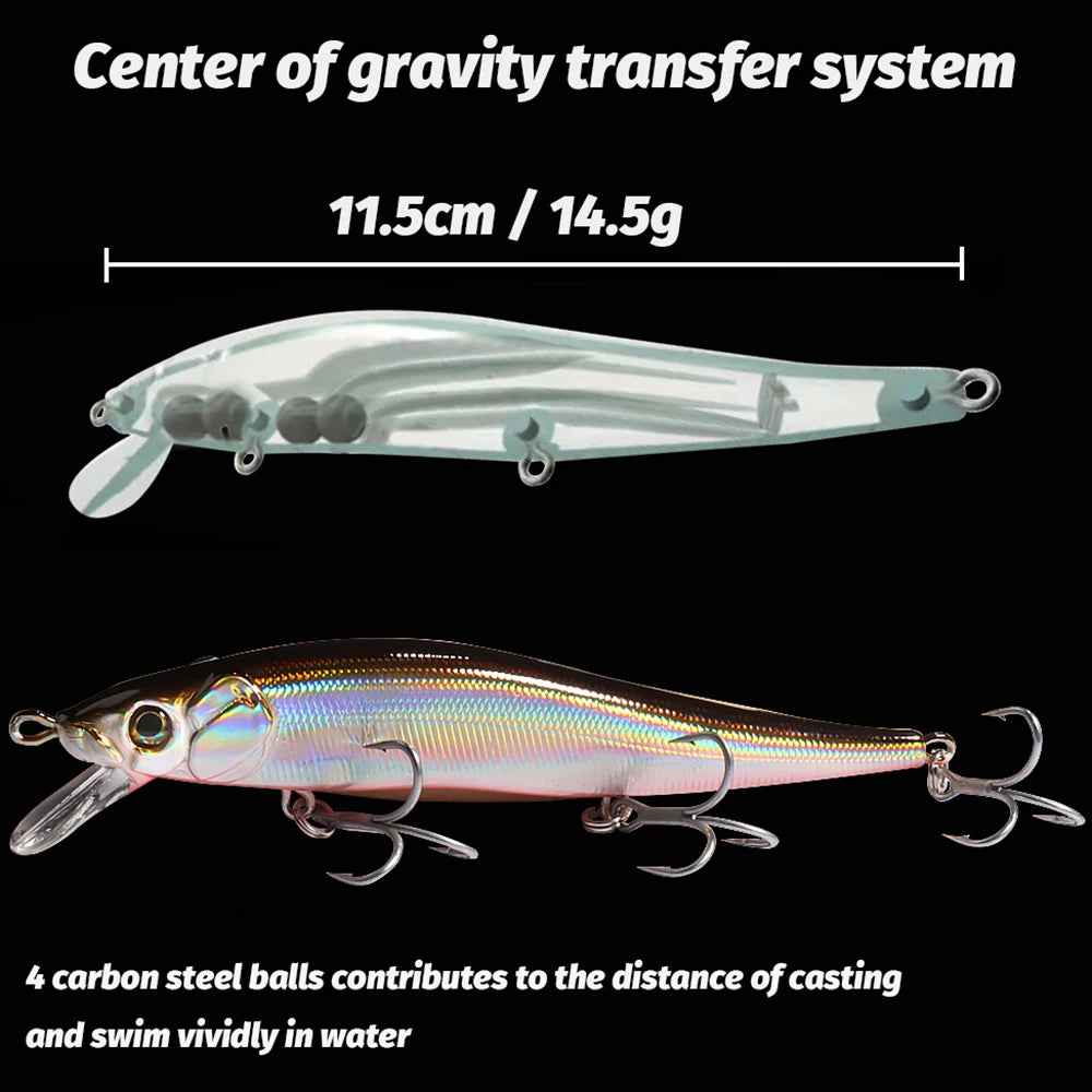 Sinking Minnow Lure 14.5g 11.5cm Gravity Transfer System Long Casting 3 Hooks Swimbait Gear Pesca Popper Tackle Fishing Bait