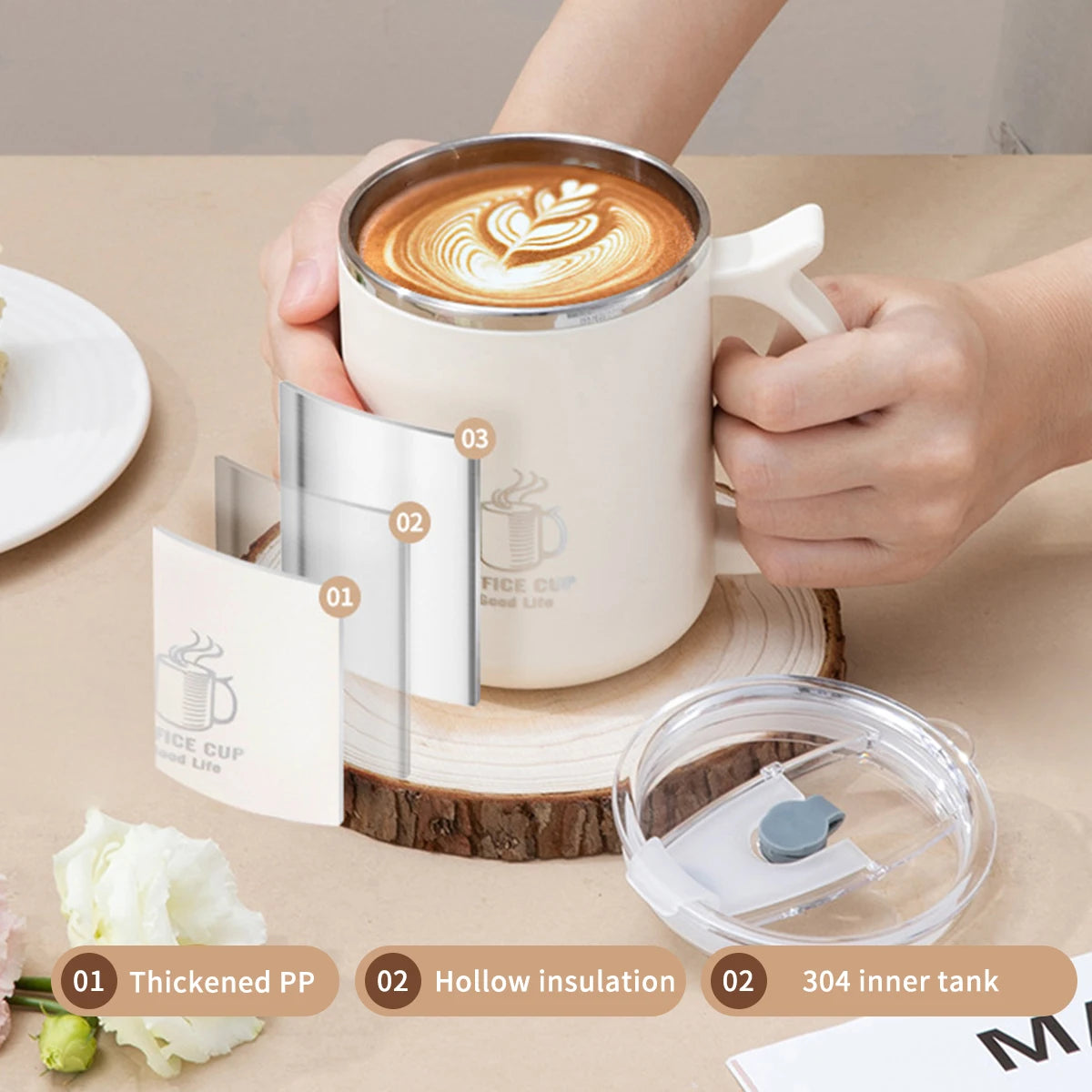 WORTHBUY Thermal Mug 304 Stainless Steel Double Wall Insulated Milk Coffee Cup With Handle Portable Student Leak-proof Water Cup